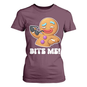 Funny Xmas Gingerbread Man T Shirt For Women Funny Sexy Cookie Bite Me TS10 Maroon Print Your Wear