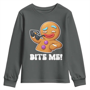 Funny Xmas Gingerbread Man Youth Sweatshirt Funny Sexy Cookie Bite Me TS10 Dark Heather Print Your Wear