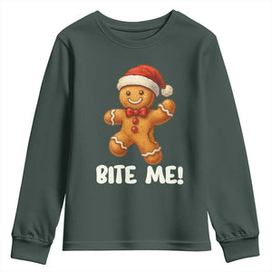 Funny Xmas Gingerbread Man Youth Sweatshirt Cookie Bite Me TS10 Dark Forest Green Print Your Wear