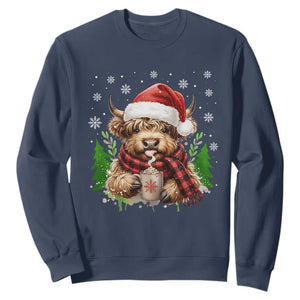 Christmas Cow Sweatshirt Funny Highland Cow Western Farmer Gift TS10 Navy Print Your Wear