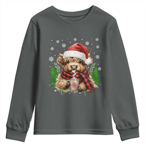 Christmas Cow Youth Sweatshirt Funny Highland Cow Western Farmer Gift TS10 Dark Heather Print Your Wear