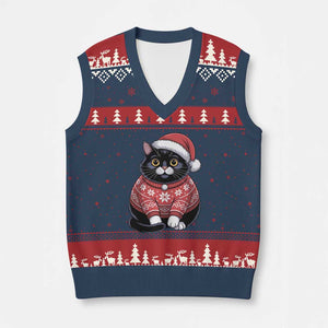 Xmas Black Cat V-Neck Knit Sweater Vest Catmas Gift For New Year TS10 Navy Red Print Your Wear