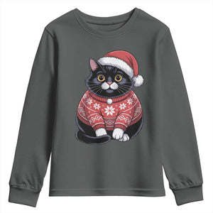 Christmas Black Cat Youth Sweatshirt Catmas Gift For New Year TS10 Dark Heather Print Your Wear