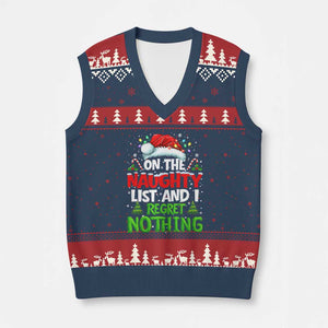 Funny Xmas V-Neck Knit Sweater Vest On The Naughty List I Regret Nothing TS10 Navy Red Print Your Wear