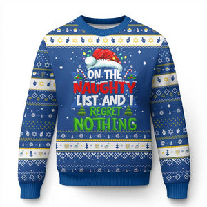 Funny Christmas Hanukkah Ugly Sweater On The Naughty List I Regret Nothing TS10 Blue White Print Your Wear