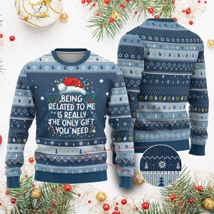 Being Related To Me Funny Christmas Hanukkah Ugly Sweater Family Xmas Pajamas TS10 Navy Light Blue Print Your Wear