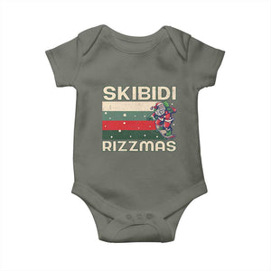 Funny Christmas Baby Onesie Skibidi Rizzmas Rizz Santa Clause Skating Board Xmas Retro Stripe TS10 Military Green Print Your Wear