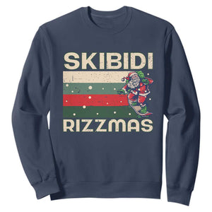 Funny Christmas Sweatshirt Skibidi Rizzmas Rizz Santa Clause Skating Board Xmas Retro Stripe TS10 Navy Print Your Wear