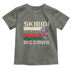 Funny Christmas Toddler T Shirt Skibidi Rizzmas Rizz Santa Clause Skating Board Xmas Retro Stripe TS10 Military Green Print Your Wear