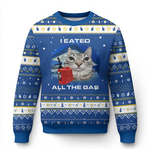 Sarcastic Cat Meme Hanukkah Ugly Sweater Funny Retro I Eated All The Gas Gen Z Humor TS10 Blue White Print Your Wear