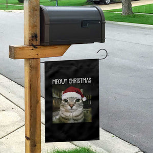 Meowy Christmas Garden Flag Xmas Silly Staring Cat Meme Santa Hat TS10 Print Your Wear