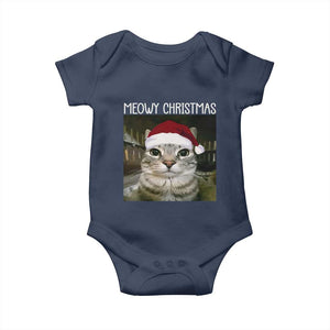 Meowy Christmas Baby Onesie Xmas Silly Staring Cat Meme Santa Hat TS10 Navy Print Your Wear
