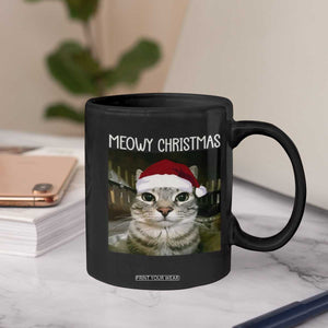 Meowy Christmas Coffee Mug Xmas Silly Staring Cat Meme Santa Hat TS10 Print Your Wear