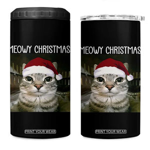 Meowy Christmas 4 in 1 Can Cooler Tumbler Xmas Silly Staring Cat Meme Santa Hat TS10 One Size: 16 oz Black Print Your Wear