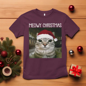 Meowy Christmas T Shirt Xmas Silly Staring Cat Meme Santa Hat TS10 Maroon Print Your Wear