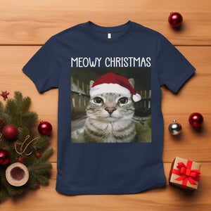 Meowy Christmas T Shirt Xmas Silly Staring Cat Meme Santa Hat TS10 Navy Print Your Wear