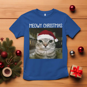 Meowy Christmas T Shirt Xmas Silly Staring Cat Meme Santa Hat TS10 Royal Blue Print Your Wear