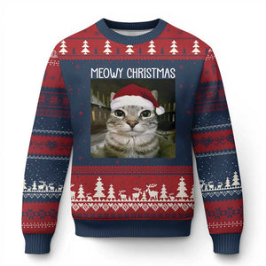 Meowy Xmas Ugly Christmas Sweater Xmas Silly Staring Cat Meme Santa Hat TS10 Navy Red Print Your Wear