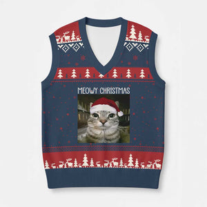 Meowy Xmas V-Neck Knit Sweater Vest Xmas Silly Staring Cat Meme Santa Hat TS10 Navy Red Print Your Wear