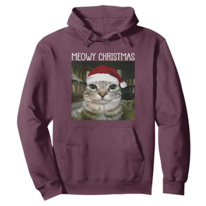 Meowy Christmas Hoodie Xmas Silly Staring Cat Meme Santa Hat TS10 Maroon Print Your Wear