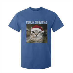 Meowy Christmas T Shirt For Kid Xmas Silly Staring Cat Meme Santa Hat TS10 Royal Blue Print Your Wear