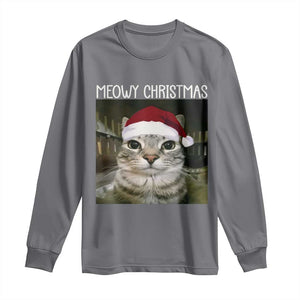 Meowy Christmas Long Sleeve Shirt Xmas Silly Staring Cat Meme Santa Hat TS10 Charcoal Print Your Wear