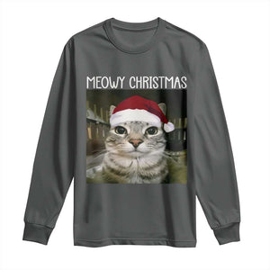 Meowy Christmas Long Sleeve Shirt Xmas Silly Staring Cat Meme Santa Hat TS10 Dark Heather Print Your Wear