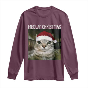 Meowy Christmas Long Sleeve Shirt Xmas Silly Staring Cat Meme Santa Hat TS10 Maroon Print Your Wear