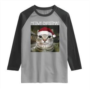 Meowy Christmas Raglan Shirt Xmas Silly Staring Cat Meme Santa Hat TS10 Sport Gray Black Print Your Wear