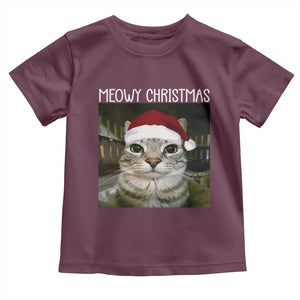 Meowy Christmas Toddler T Shirt Xmas Silly Staring Cat Meme Santa Hat TS10 Maroon Print Your Wear