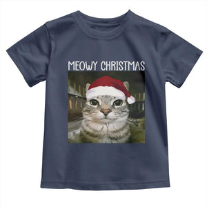 Meowy Christmas Toddler T Shirt Xmas Silly Staring Cat Meme Santa Hat TS10 Navy Print Your Wear