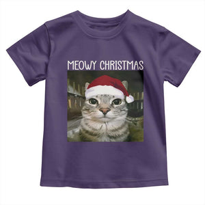 Meowy Christmas Toddler T Shirt Xmas Silly Staring Cat Meme Santa Hat TS10 Purple Print Your Wear