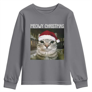 Meowy Christmas Youth Sweatshirt Xmas Silly Staring Cat Meme Santa Hat TS10 Charcoal Print Your Wear
