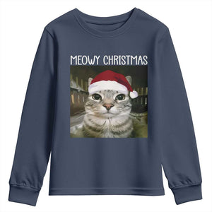 Meowy Christmas Youth Sweatshirt Xmas Silly Staring Cat Meme Santa Hat TS10 Navy Print Your Wear