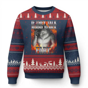 Funny Alpha Wolf Ugly Christmas Sweater Meme If They Talk Behind Your Back Fart Bootleg TS10 Navy Red Print Your Wear
