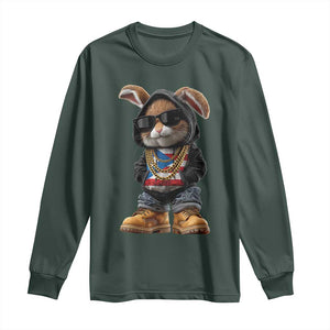 Bunny Puerto Rican Flag Long Sleeve Shirt Puerto Rican Taino Boricua Vibes TS10 Dark Forest Green Print Your Wear