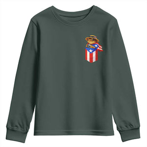 Funny Coqui Frog Puerto Rico Flag Youth Sweatshirt Puerto Rican Taino Buricua Pocket Borinquen TS10 Dark Forest Green Print Your Wear