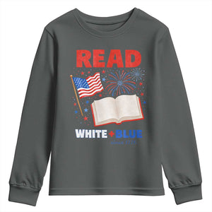 Patriotic Bookish 4th Of July Read White Blue Since 1776 Youth Sweatshirt TS10 Dark Heather Print Your Wear