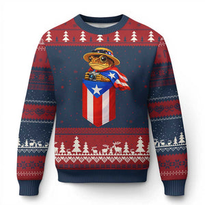 Funny Coqui Frog Puerto Rico Flag Ugly Christmas Sweater Puerto Rican Taino Buricua Borinquen TS10 Navy Red Print Your Wear