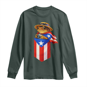 Funny Coqui Frog Puerto Rico Flag Long Sleeve Shirt Puerto Rican Taino Buricua Borinquen TS10 Dark Forest Green Print Your Wear