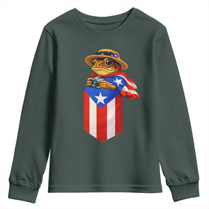 Funny Coqui Frog Puerto Rico Flag Youth Sweatshirt Puerto Rican Taino Buricua Borinquen TS10 Dark Forest Green Print Your Wear
