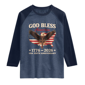 God Bless America 250th Anniversary Raglan Shirt 250 Years USA 4th Of July TS10 Heather Denim Navy Print Your Wear