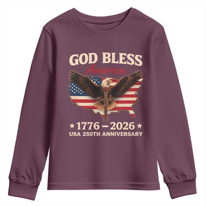 God Bless America 250th Anniversary Youth Sweatshirt 250 Years USA 4th Of July TS10 Maroon Print Your Wear