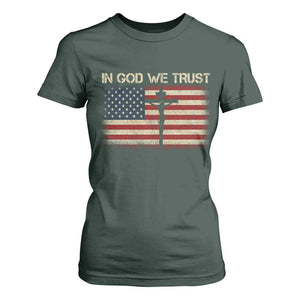 Christian USA Flag T Shirt For Women American Christ Faith Cross Patriotic In God We Trust TS10 Dark Forest Green Print Your Wear