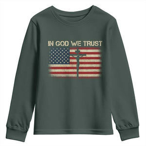 Christian USA Flag Youth Sweatshirt American Christ Faith Cross Patriotic In God We Trust TS10 Dark Forest Green Print Your Wear