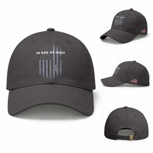 USA Flag Religious Quote Baseball Cap In God We Trust American Patriotic Faith 4th of July Cross TS10 Baseball Cap Universal Fit Dark Gray Print Your Wear