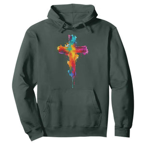 Faith Cross Hoodie Christian Believe Blessed By God Colorful Watercolor Graphic TS10 Dark Forest Green Print Your Wear