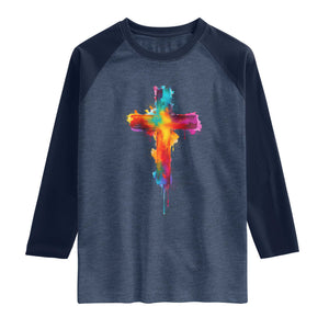 Faith Cross Raglan Shirt Christian Believe Blessed By God Colorful Watercolor Graphic TS10 Heather Denim Navy Print Your Wear