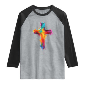 Faith Cross Raglan Shirt Christian Believe Blessed By God Colorful Watercolor Graphic TS10 Heather Gray Black Print Your Wear