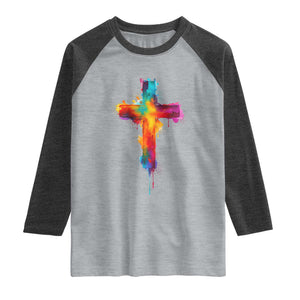 Faith Cross Raglan Shirt Christian Believe Blessed By God Colorful Watercolor Graphic TS10 Heather Gray Heather Charcoal Print Your Wear